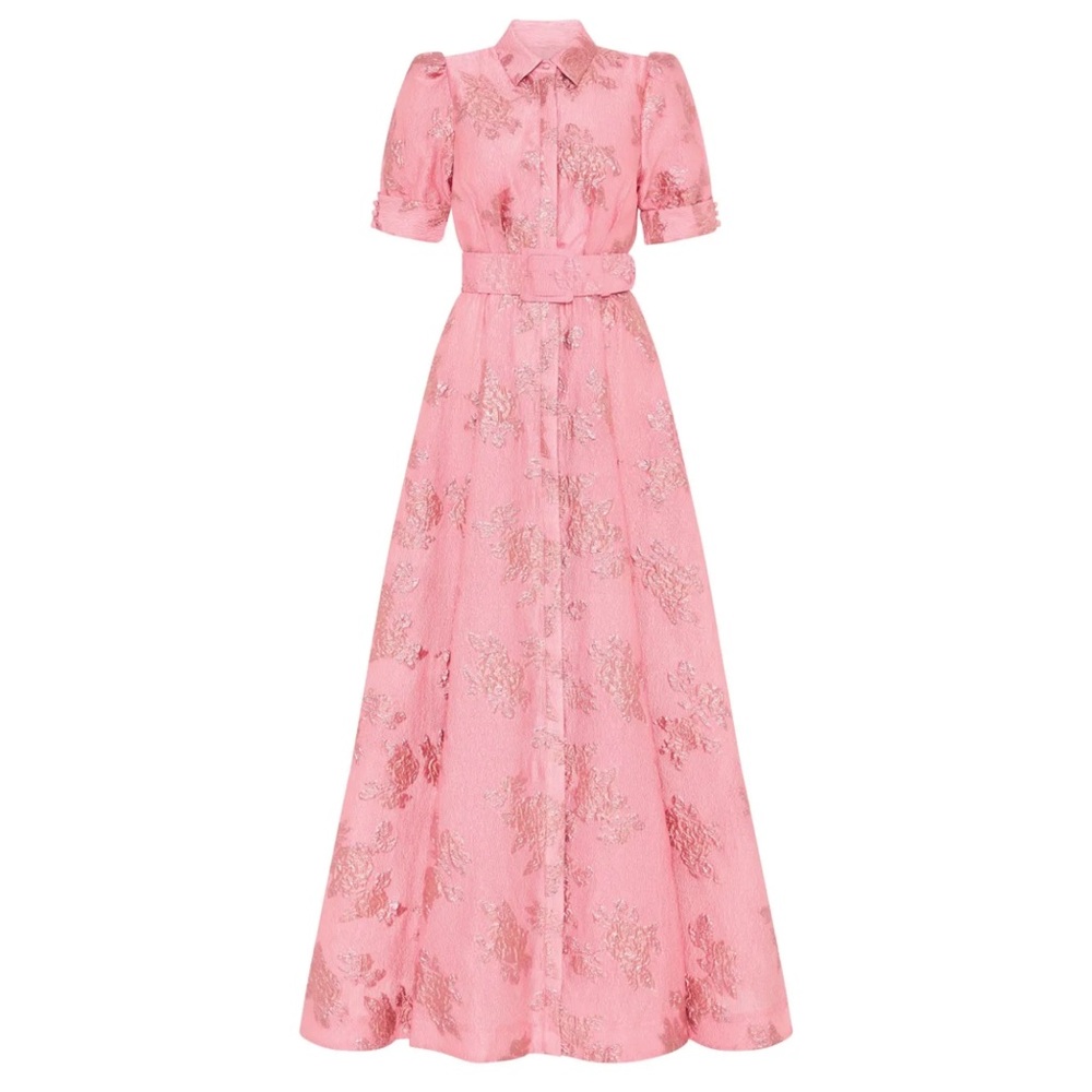 Pink Brocade Belted Waist-Cinching Button-Down Maxi Dress